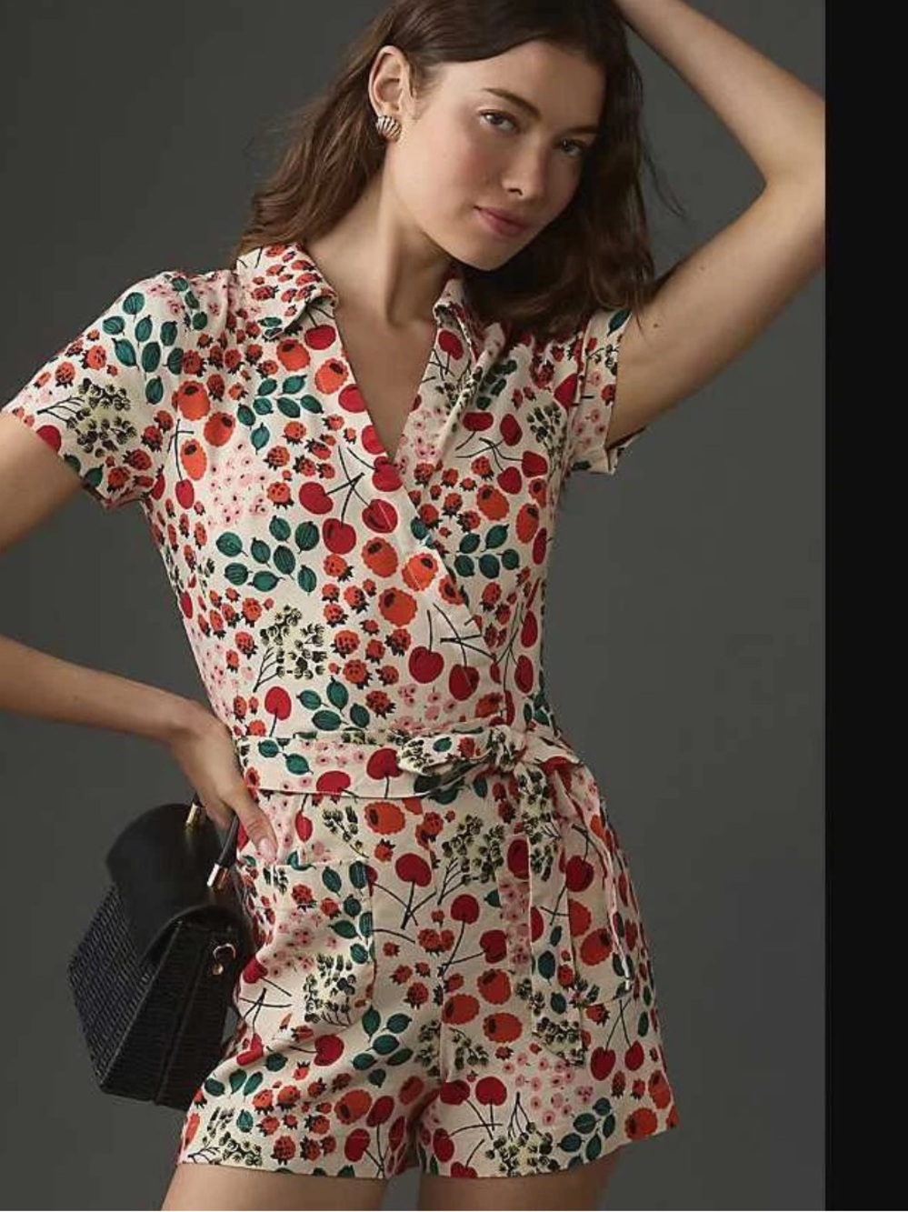 Anthropologie Cream Shortsleeved Romper with Red & Green Cherry Print